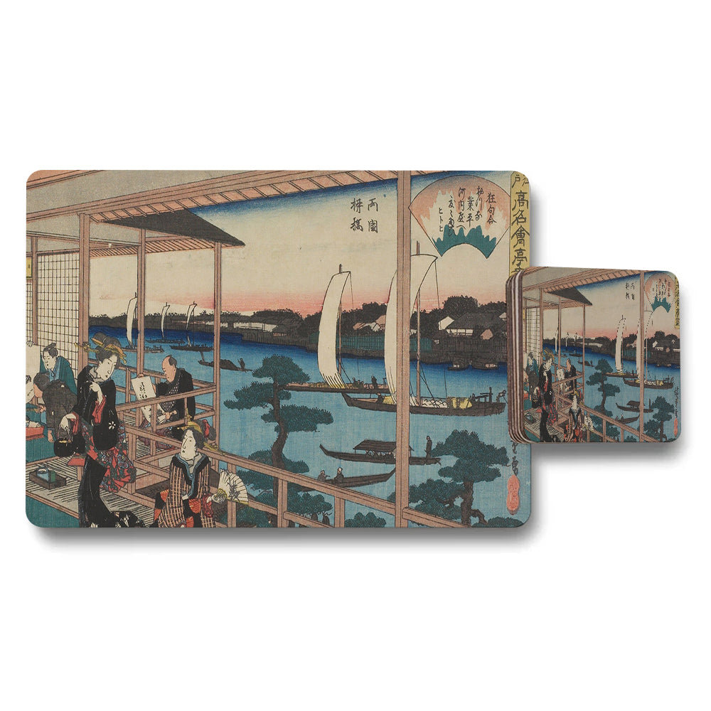 Ukiyoe Placemats And Coaster Set River Scene Japanese Art