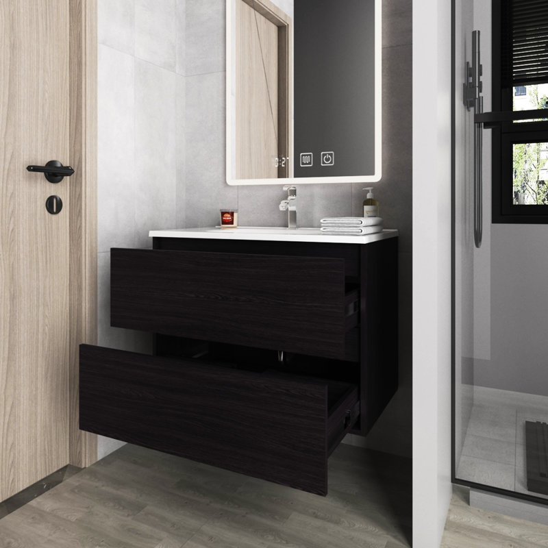 Meuble-lavabo à finition flottante avec lavabo et deux tiroirs spacieux, mesurant 23,3 pouces de hauteur, 31,5 de largeur, panneau de particules propre et moderne pour les salles de bain attrayantes