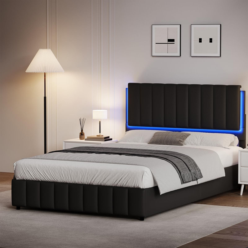 Ensemble de lit plateforme tapissier à DEL avec 2 tables de chevet modernes à DEL - ensemble de chambre à coucher 3 pièces