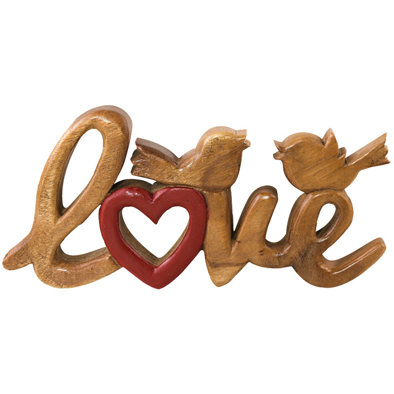 Handmade Sculpture of Love Word with Two Birds and Love Symbol Valentines Decor Wooden Art for Home Decor