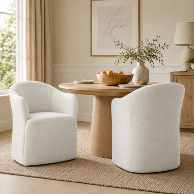 Upholstered Dining Chairs With Casters, Fully Assembled Round Barrel Armchair Set Of 2, Solid Wood Accent Vanity Chair For Dining Room Living Room