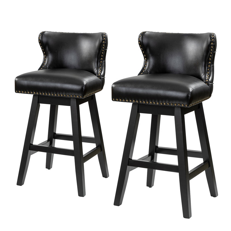 Amecia 29.5"Classic Swivel 360-degree Bar Stool With Solid Wooden Legs, Black