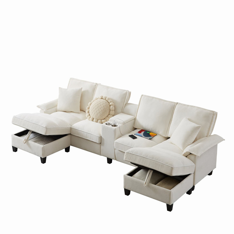 Canapé modulaire en velours côtelé avec rangement Jilisa, Velours côtelé beige