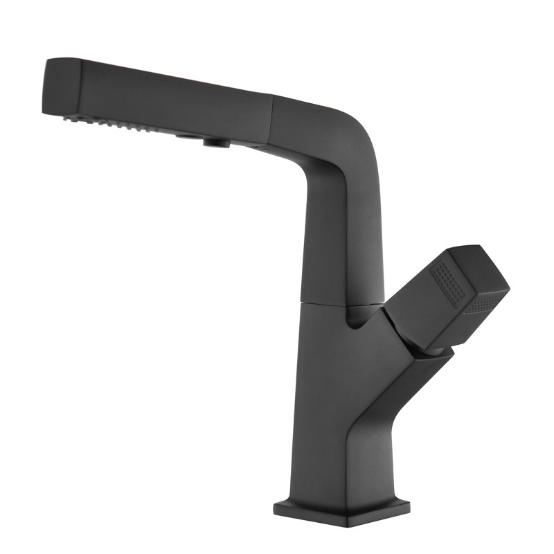 Solid Brass Bathroom Sink Faucets with Pull Down Sprayer, Adjustable Height for Free Rinsing Sink Faucet, Matte Black