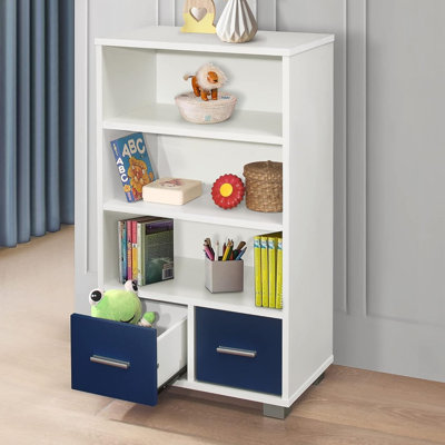 Roelof White Wood Kids Toy Storage Organizer and Bookcase with Open Shelves and Removable Fabric Drawers for Playroom Nursery or Bedroom Organization by Isabelle & Max