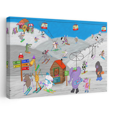 Happy Animals Skiing Playful Abstract Contemporary Animal Mountain Wall Art Print