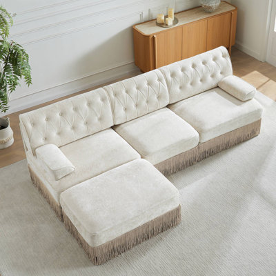 3-Seater High Quality Velvet Fabric,Cloud Modular Sectional,Tassel Skirt,Button Tufted Design,High-Density High Resilience Foam,Easy To Assemble,Premium Wooden Base,For Living Room Study