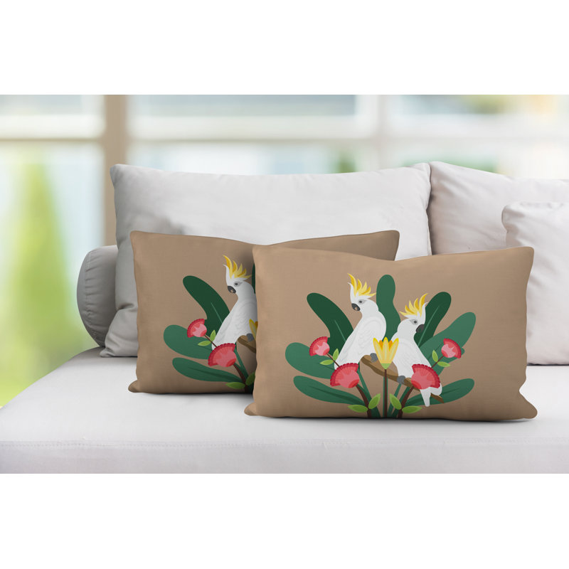 Flocked Birds Indoor/Outdoor Lumbar Pillow, Beige
