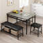 Table de salle à manger avec bancs, ensemble de table de cuisine pour 4 personnes, ensemble de table de salle à manger avec banc rembourré et tabourets carrés, ensemble de table de salle à manger en métal et bois pour 4 avec rangement pour petit esp-1148727575