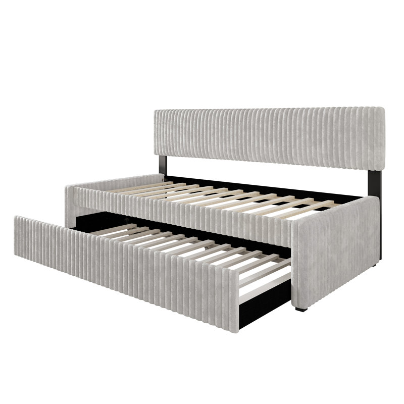 Twin Daybed Corduroy With Trundle, Light Gray