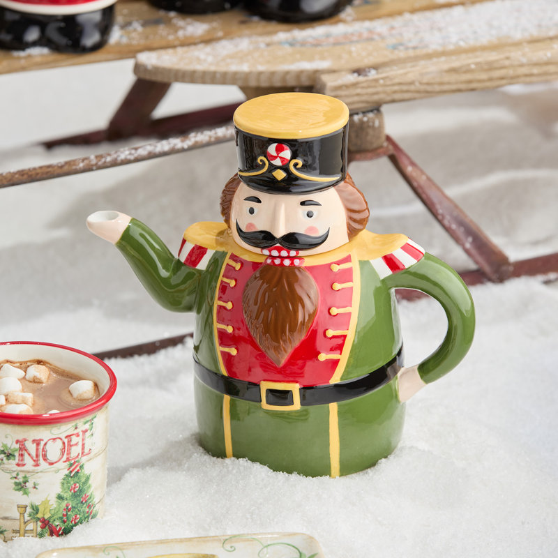 Théière Festive Christmas Nutcracker - Théière en céramique 3D des Fêtes pour le cacao, le thé ou le cidre chaud - Décoration et cadeau de cuisine à collectionner - Parade de casse-noisette 30 oz