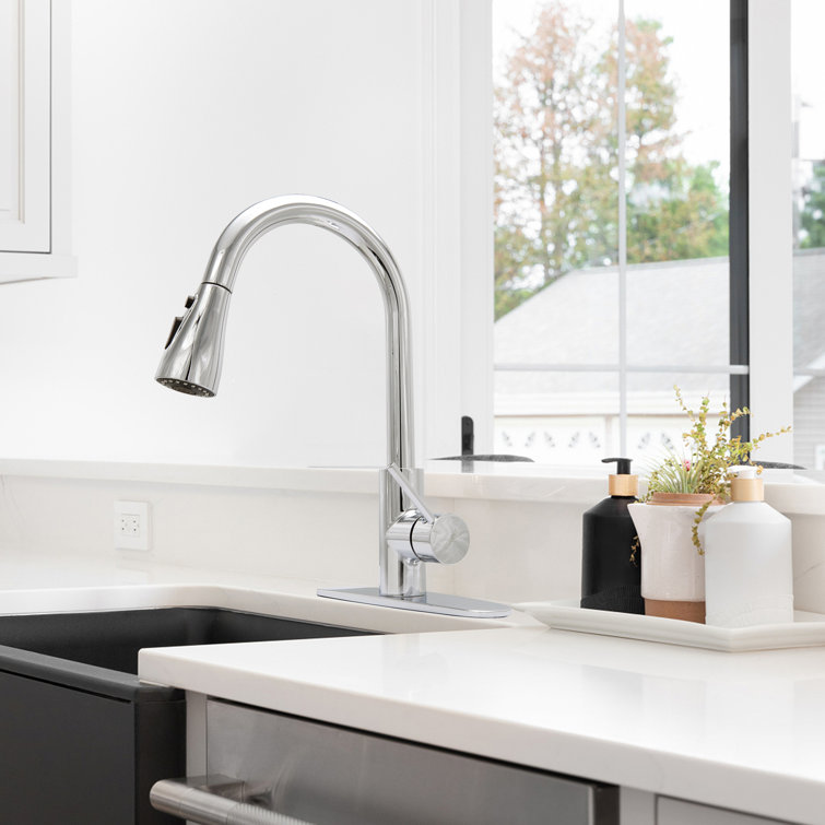 JS Pull Down Single Handle Kitchen Faucet with Deck Plate 3 Spray Modes Eco Water Saving