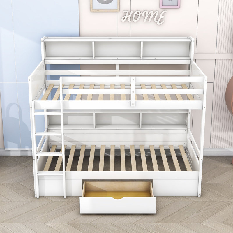 Lit superposé simple en bois avec tablettes Halsy Kids, Blanc