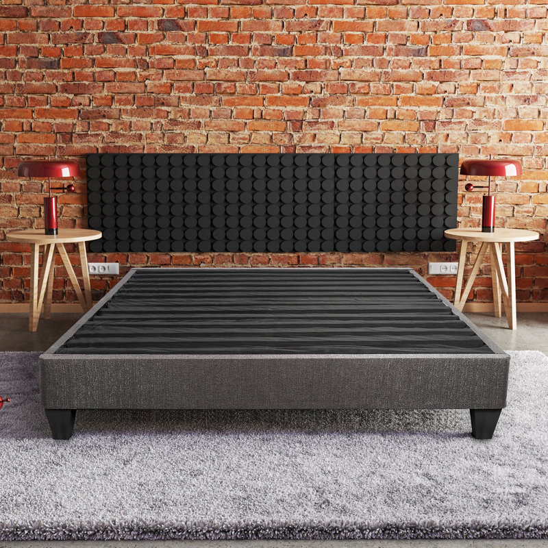 Base de lit double avec sommier plateforme 14 po, revêtement gris foncé, contemporain, bois, sans sommier, revêtement, doublure