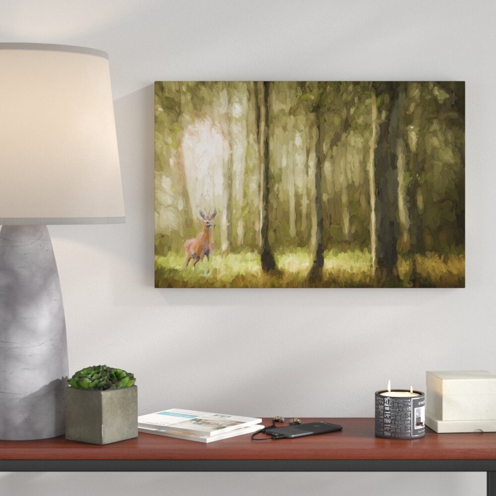 Leinwandbild "Einsamer Hirsch im tiefen Wald", Grafikdruck