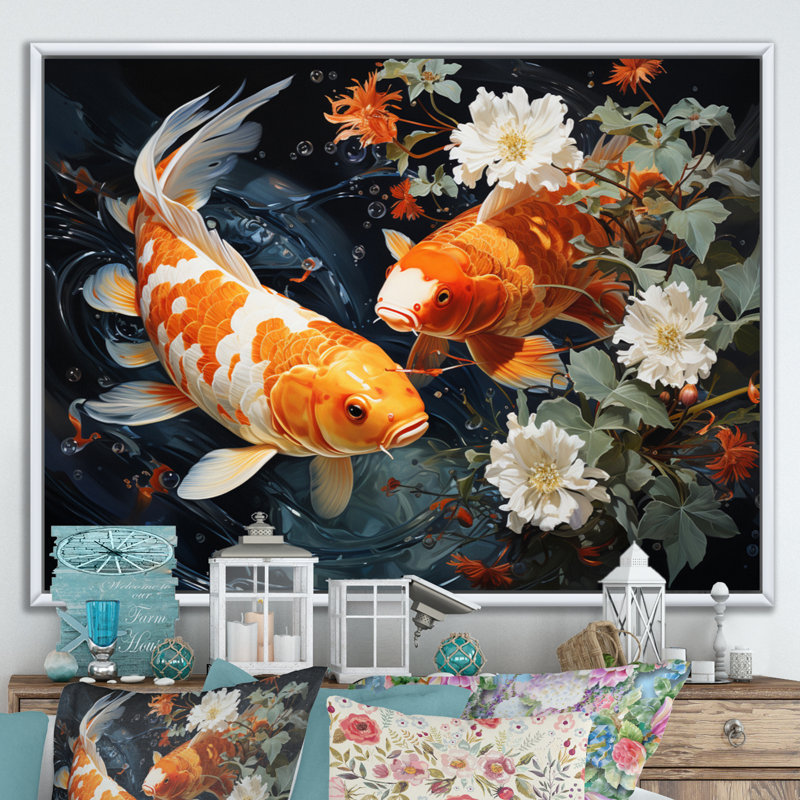 Asian Art Koi Dance II - reproduction d'art, Cadre flottant blanc, H 24 po x l 32 po x P 1 po