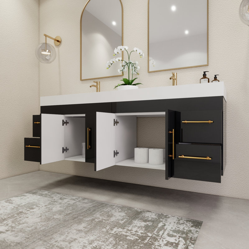 70.8" Wall-Mounted Double Bathroom Vanity Set, Glossy Black