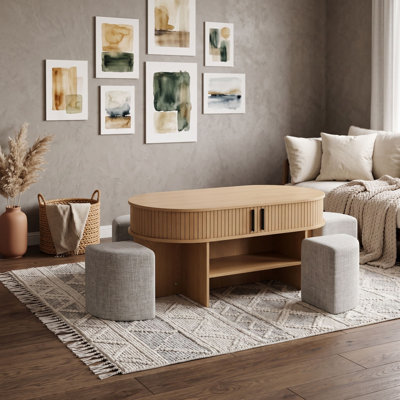 Multifunctional Oval Coffee Table with Hidden Storage, Open Shelves and 4 Upholstered Nesting Stools