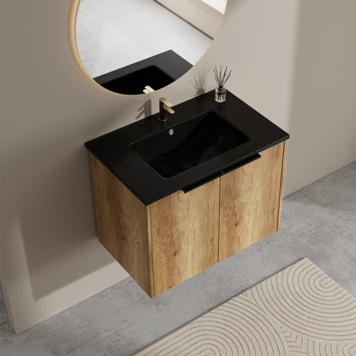 30" Floating Bathroom Vanity With Integrated Ceramic Sink And Seamless Soft-Close Doors In Warm Oak