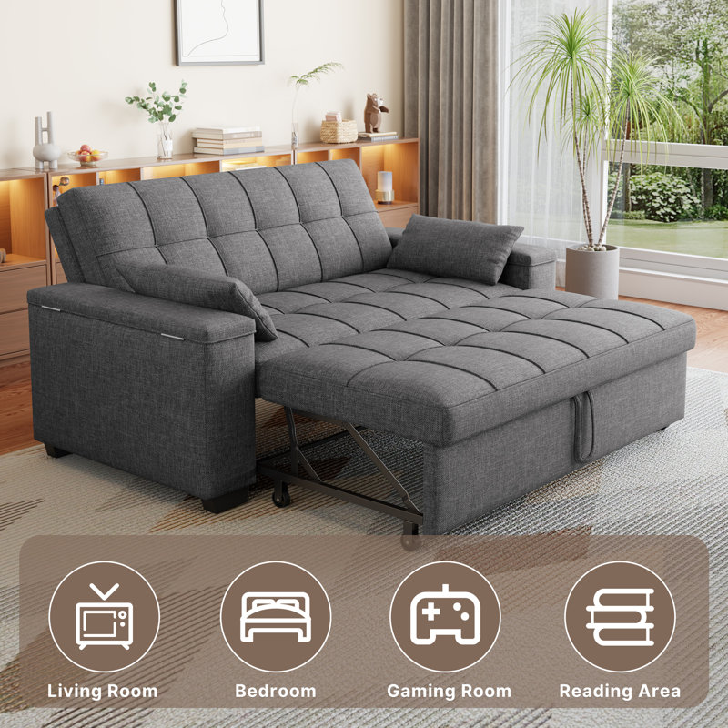 69’’ Velvet 3-In-1 Convertible Sleeper Sofa Bed – Adjustable Backrest, Storage Armrests & Side Pocket, Dark Gray