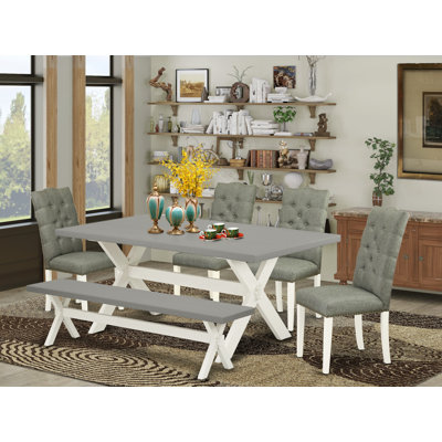L'ensemble 6 pièces de table et chaises de cuisine contient une table rectangulaire en bois et 4 chaises Parson en lin gris avec banc, lin blanc
