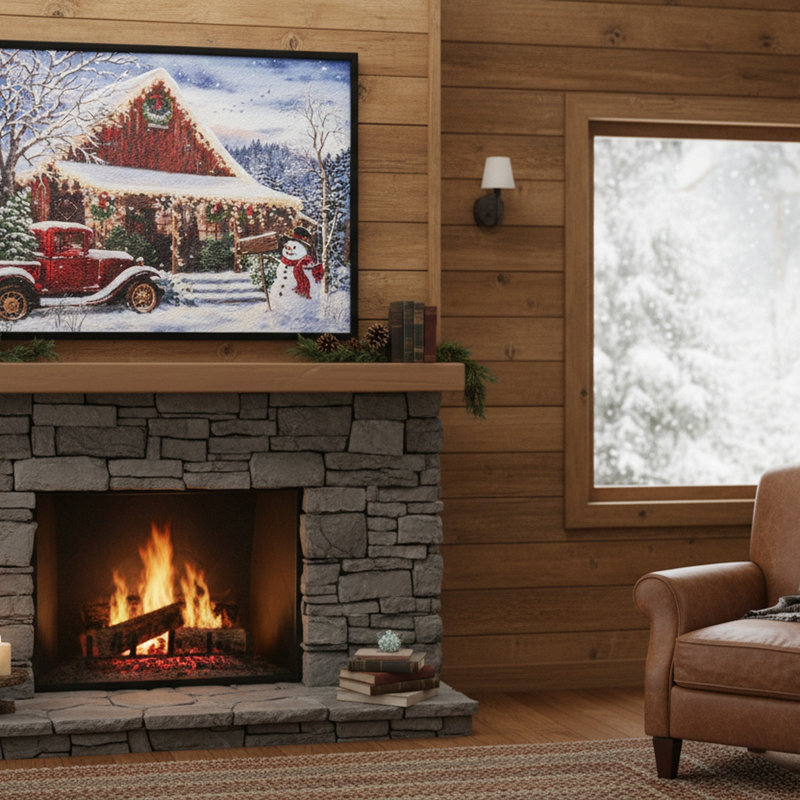 Chalet d'hiver encadré en papier recyclé avec camion