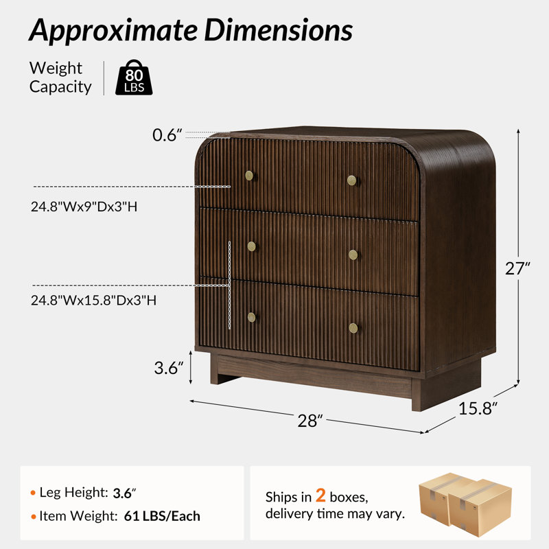 Melisa Modern 28"W 3-Drawer Fluted Curved End Table Simple Assemblly with Charging Station , Walnut