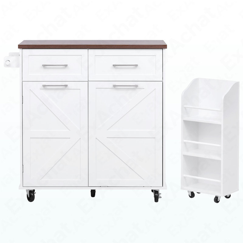 47.2" Farmhouse Kitchen Island With Drop Leaf, Kitchen Storage Island With Removable Side Racks, Two Drawers, Rolling Kitchen Cart On Wheels With Towel Rack, For Home, Kitchen, Dining Room, White