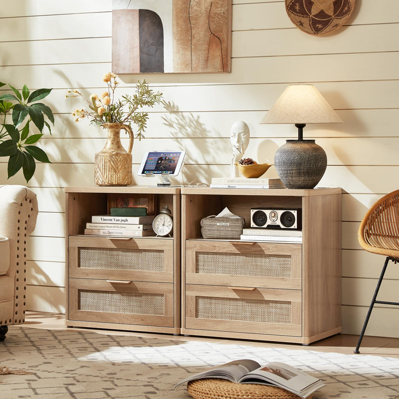 Ensemble de 4 commodes et tables de chevet en rotin, style bohème, en bois, pour chambre, salon ou couloir., Bois