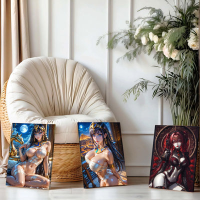 Ensemble de 3 affiches encadrées, impressions sur toile de style anime - Illustrations de déesses égyptiennes et de beauté gothique, parfaites pour la décoration intérieure (salon, chambre, bureau), œuvre d'art moderne, idée cadeau originale pour les fans d'anime et d'art.