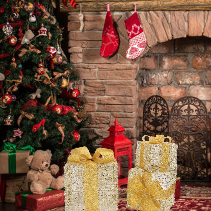 Ensemble de 3 boîtes de cadeau de Noël illuminées en fer avec jupe d'arbre de Noël pour la maison