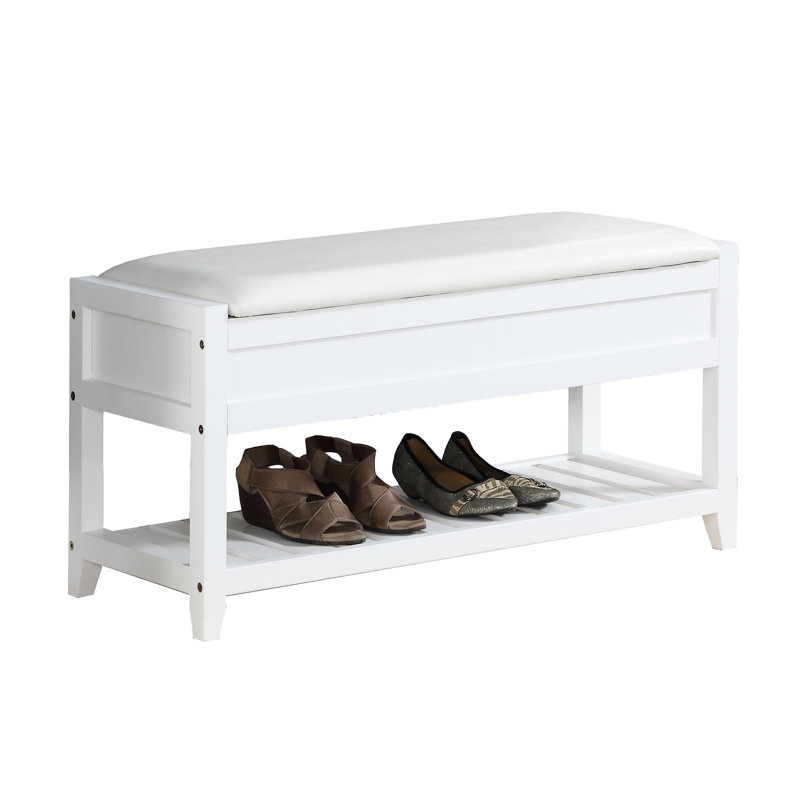 White Bench For Shoe And Seat Storage - Practical Piece Wood Frame Seating With Stylish & Functional, White, Beige