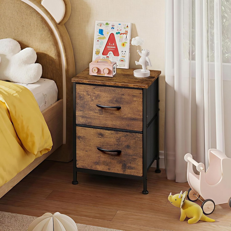 Petite table de chevet avec 2 tiroirs en tissu et plateau en bois, table de chevet brun rustique, rangement compact, structure en acier, table de bout pour chambre à coucher, dortoir et entrée