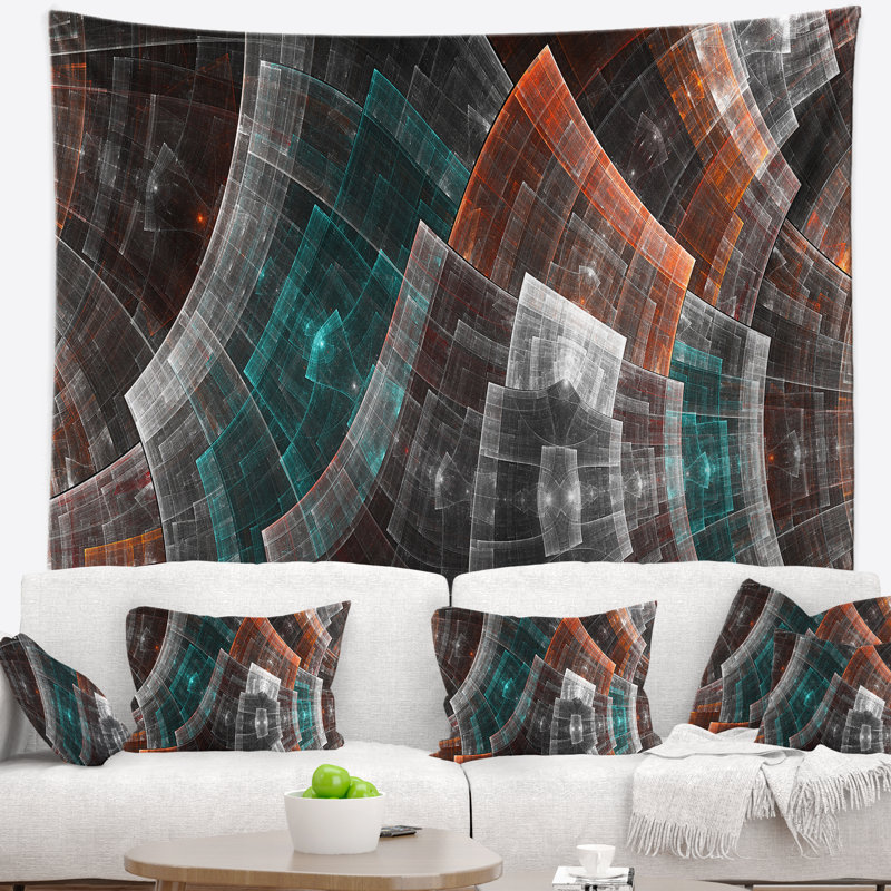 Tapisserie abstraite brune et bleue, H 50 po x l 60 po