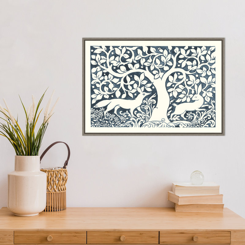«Forest Life III Fox and Rabbit» par Miranda Thomas, reproduction sur toile, Encadré gris
