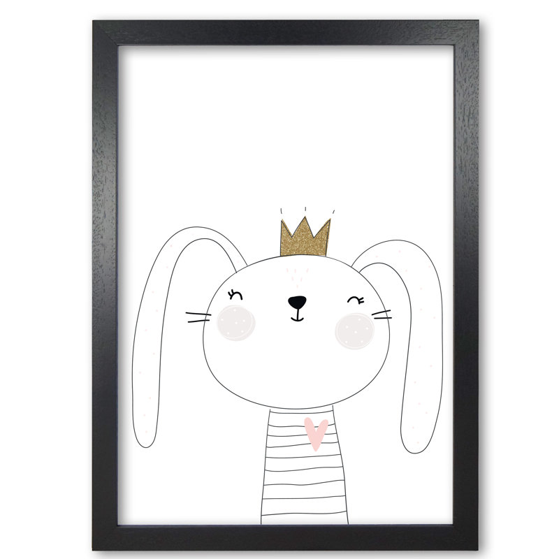 Scandi Cute Bunny With Crown - Painting, 42 cm H x 30 cm W x 5 cm D, Black Grain Frame