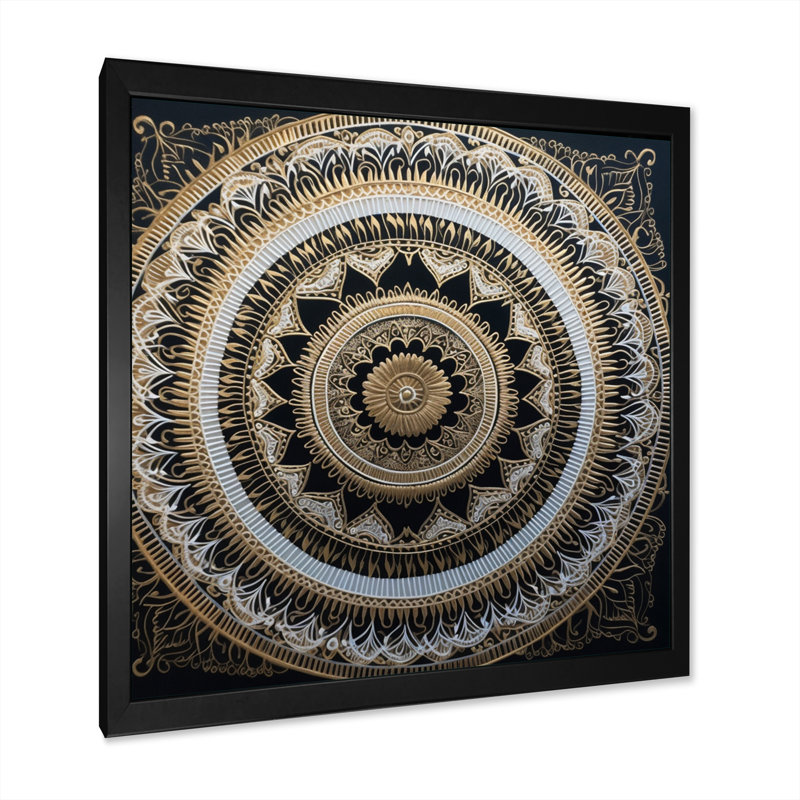 Mandala blanc et or I sur toile, Cadre d'angle fermé noir, H 16 po x l 16 po x P 1 po