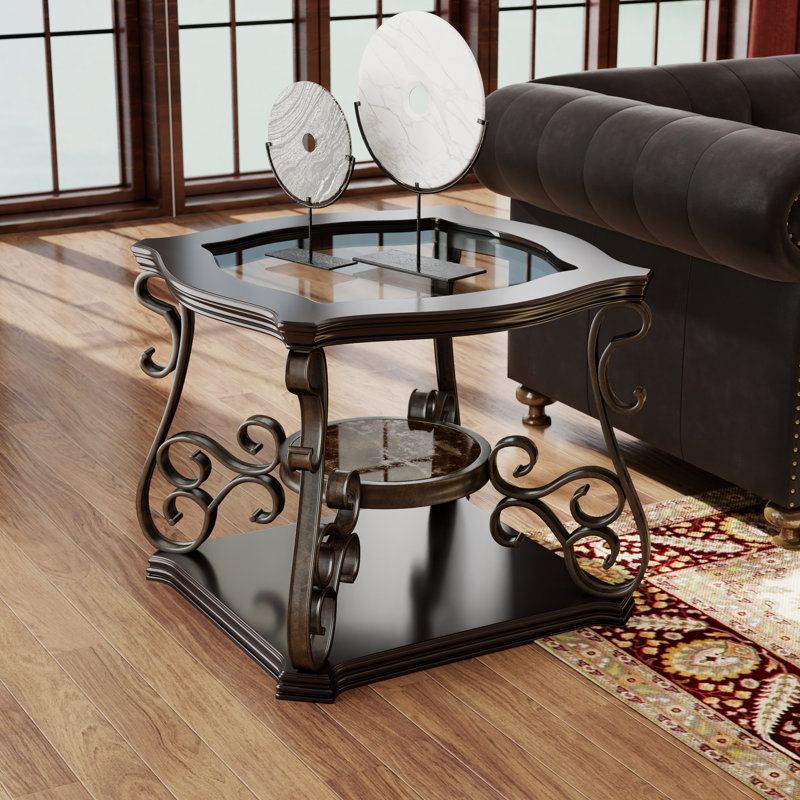 Ensemble de table basse 3 pièces, plateaux en verre et pieds en métal, table basse, console et table de bout avec tablettes en panneau de fibres à densité moyenne