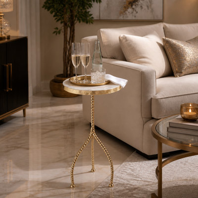 Table d'appoint ronde et élégante avec pied torsadé, idéale pour le salon - Petite table d'appoint décorative à côté du canapé - 61 cm, blanc et or
