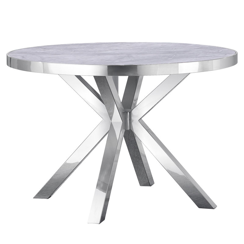 Round Faux Marble Top Metal Base Dining Table, Gray/Silver