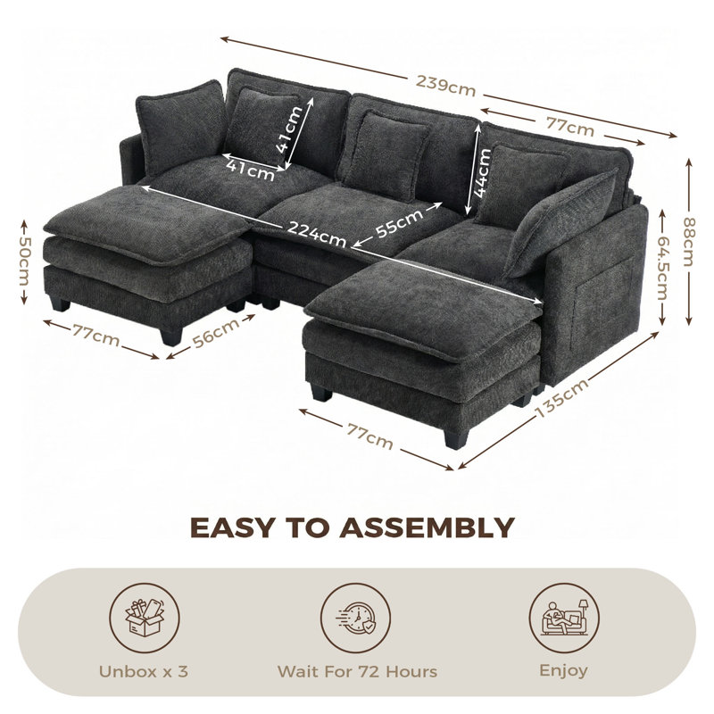 239cm Ultra-Soft Sofa with 2 Ottoman, Grey