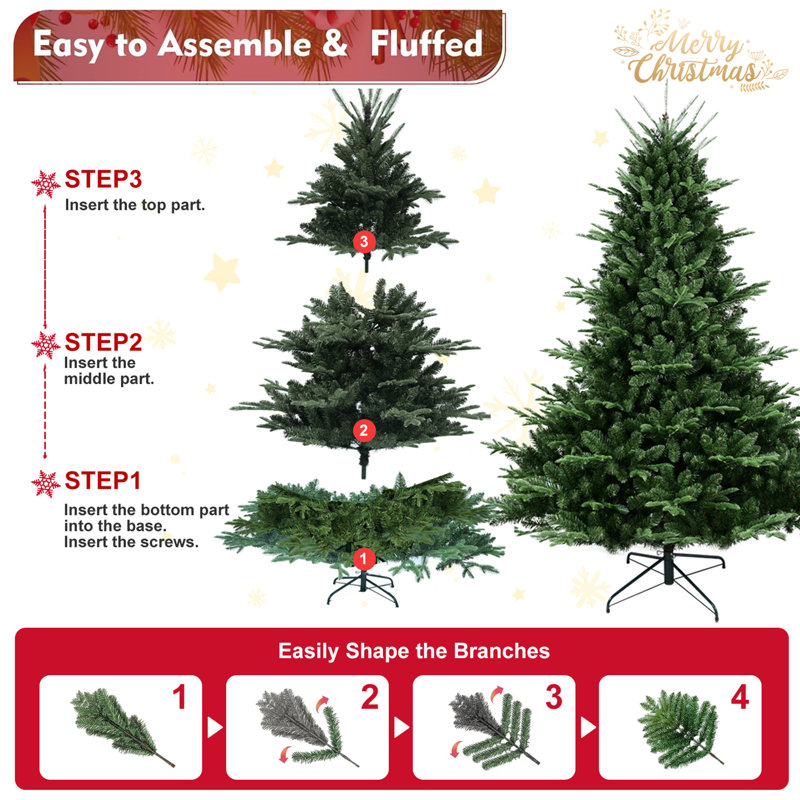Full-Shaped 9FT Christmas Tree with 3451 Tips – PE/PVC Mixed Needles, Wide Base for Large Spaces, Hinged Structure for Easy Setup, Metal Stand for Strong Support*