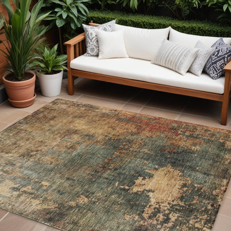 Tapis extérieur lavable abstrait brun clair et cuivre 9 pi x 12 pi sauge