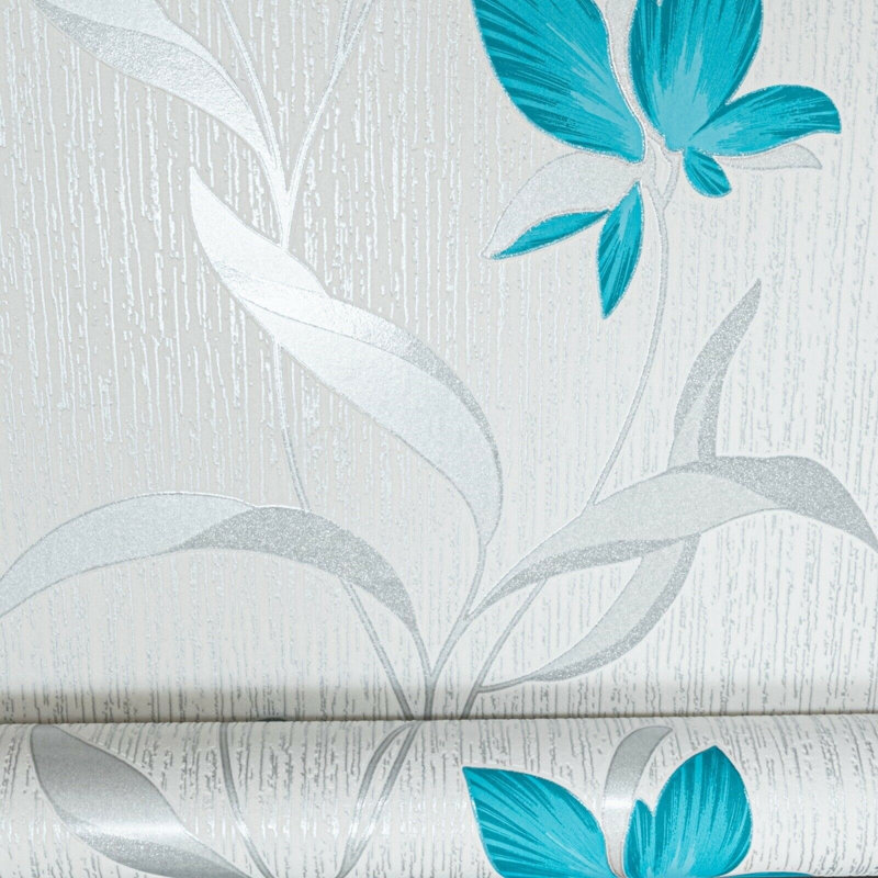  Luxury Botanical Leaf Wallpaper White Teal Silver Glitter Textured Floral 9730-18