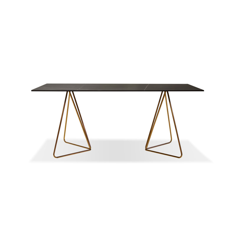 Rectangular Stone Top with Steel Base Dining Table, Brown, Black