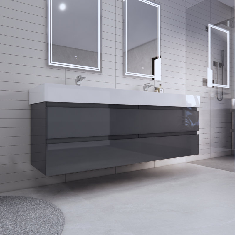 Ensemble de meuble-lavabo double mural 72 po Babajide, Gris à haute brillance