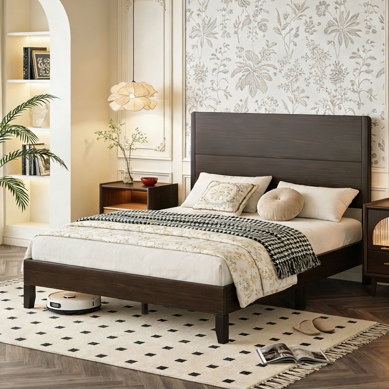Solid Wood Bed Frame With 36.5" Headboard, Mid Century Modern Platform Bed With Silent Wood Slat System, No Box Spring Needed, Under-Bed Storage, Brown