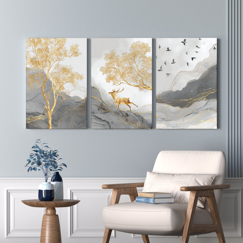 Tableau sur toile tendue représentant un paysage de cerfs dorés et d'arbres, nature abstraite (ensemble de 3)