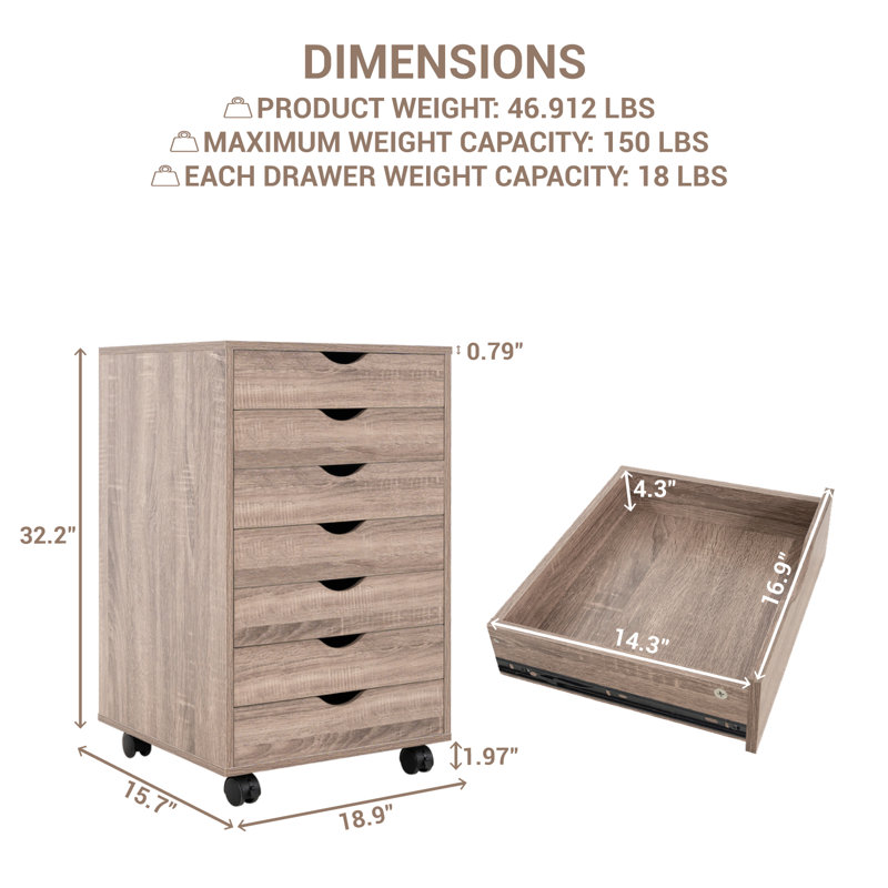 Garysburg 7-Drawer Office Storage File Cabinet on Wheels, Desk Filing Drawer Unit