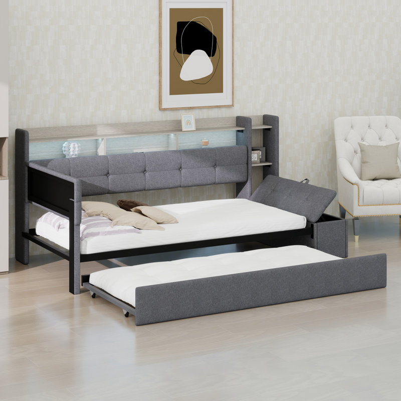 Space Saving Upholstered Daybed with Storage Footstool, Shelves, Trundle, USB Charging and LED Light, Grey